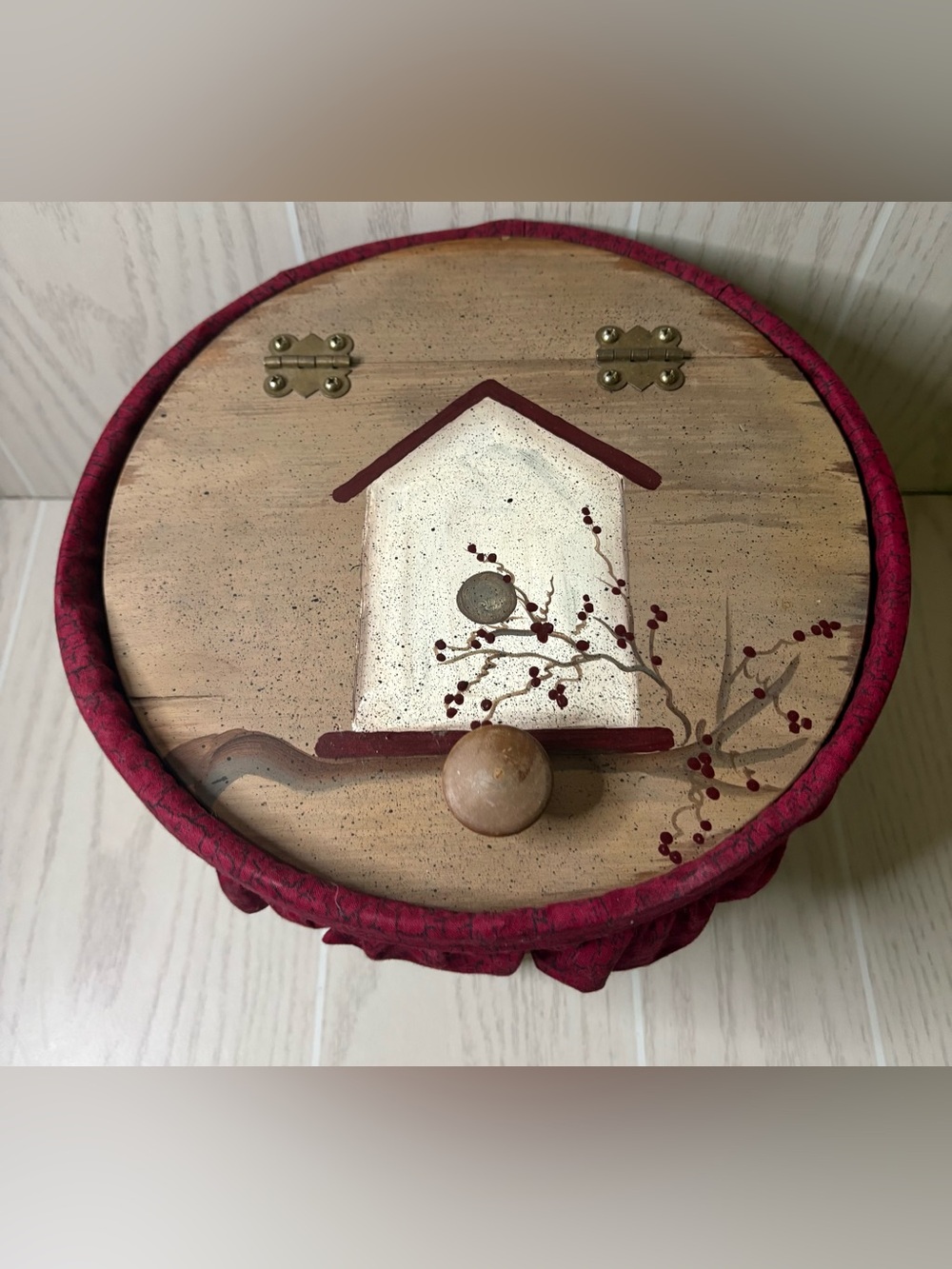 Retro Round Vintage Sewing Basket Handpainted Birdhouse Design Cottagecore